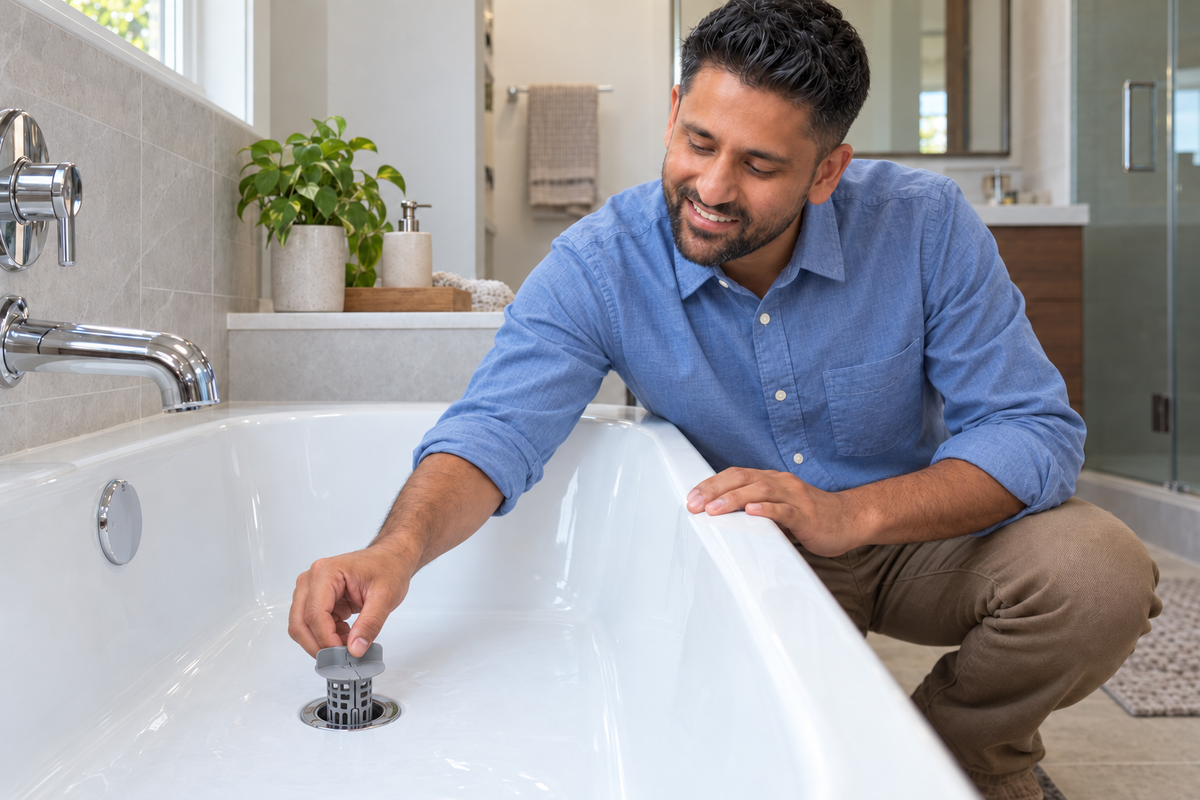 EcoKatch founder placing a Stone Gray EcoKatch hair catcher in a bathtub drain
