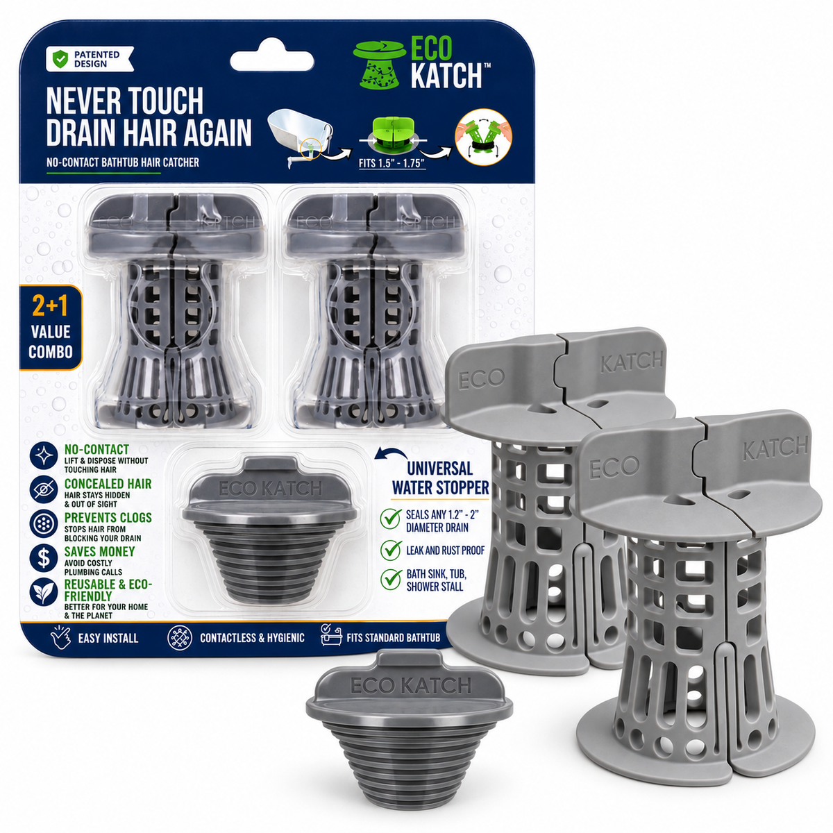 EcoKatch Dual Pack: two Stone Gray bathtub drain hair catchers plus universal water stopper